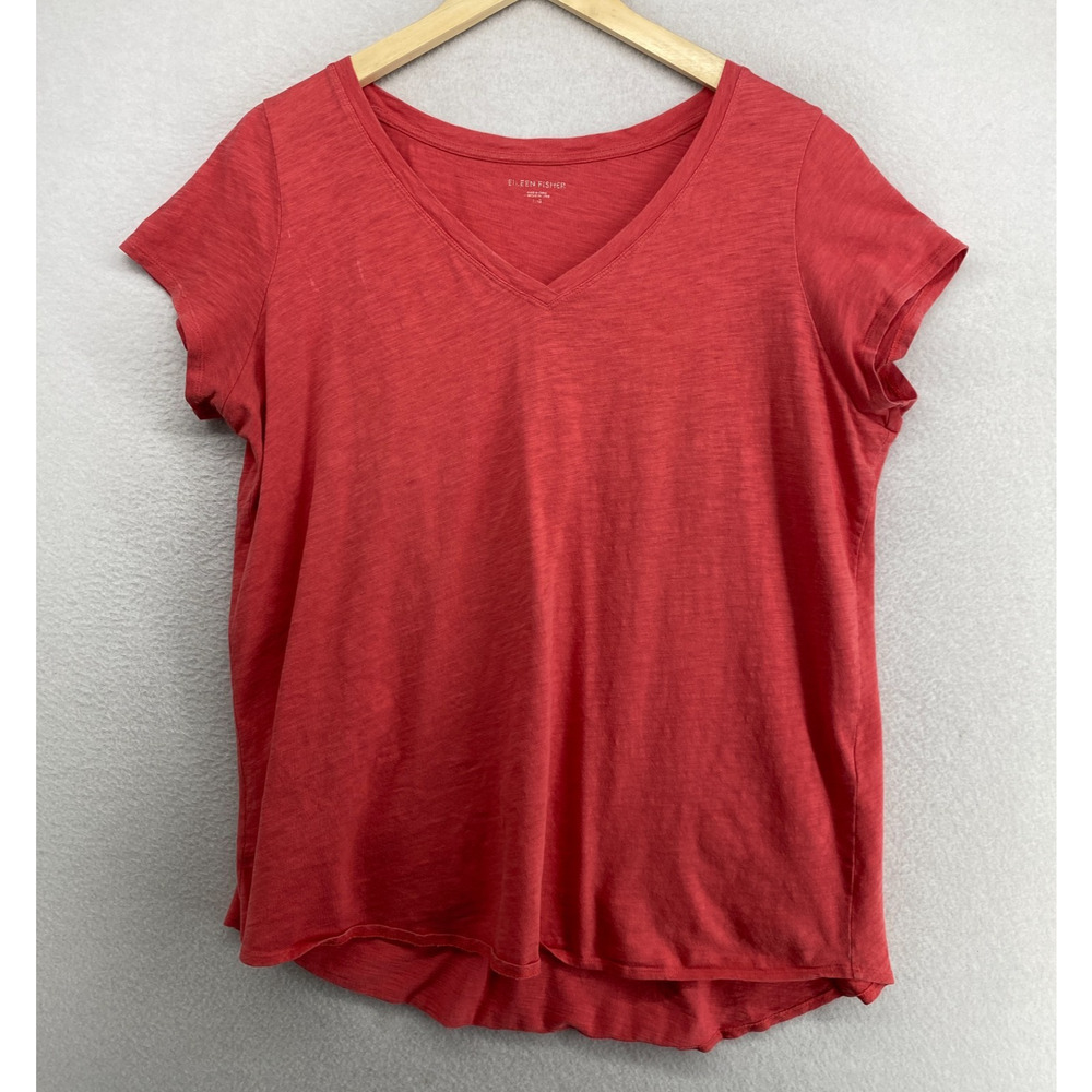 EILEEN FISHER Top L Slub Organic Cotton Jersey V-Neck Short Sleeve Red